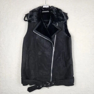 Zara Trafaluc Womens Faux Suede Black Lined Moto Biker Grunge Vest Size M/L